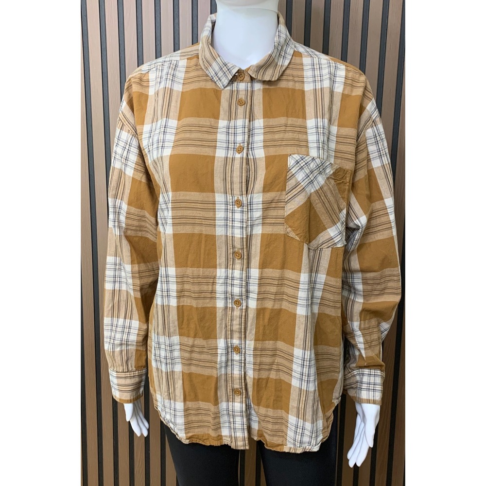 Garnet Hill Women's 12 Plaid Button Down Shirt Mustard Yellow Cotton Long Sleeve